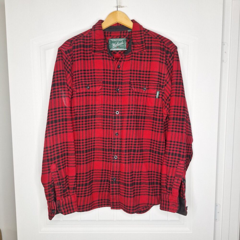 Woolrich Flannel Shirt Mens Large Red Black Thick Hunting Outdoors Pockets